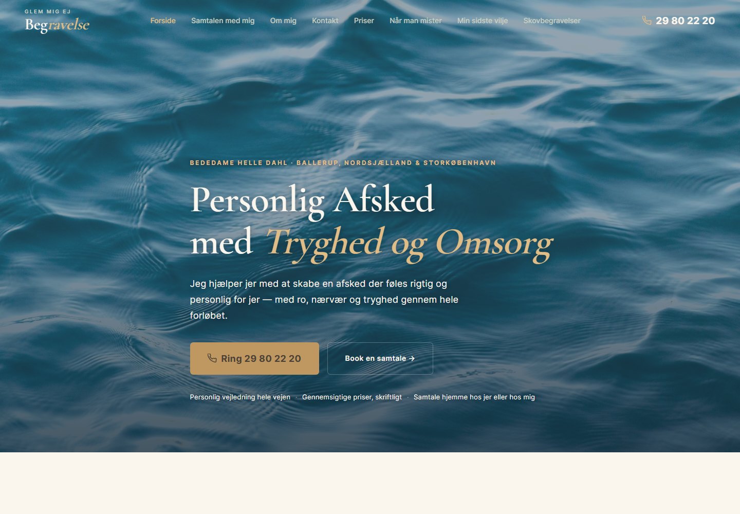 Skærmbillede af hjemmesiden for Glem Mig Ej Begravelse