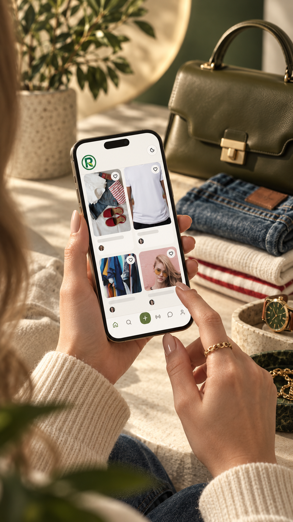 Reuz vist på en telefon med secondhand-fund